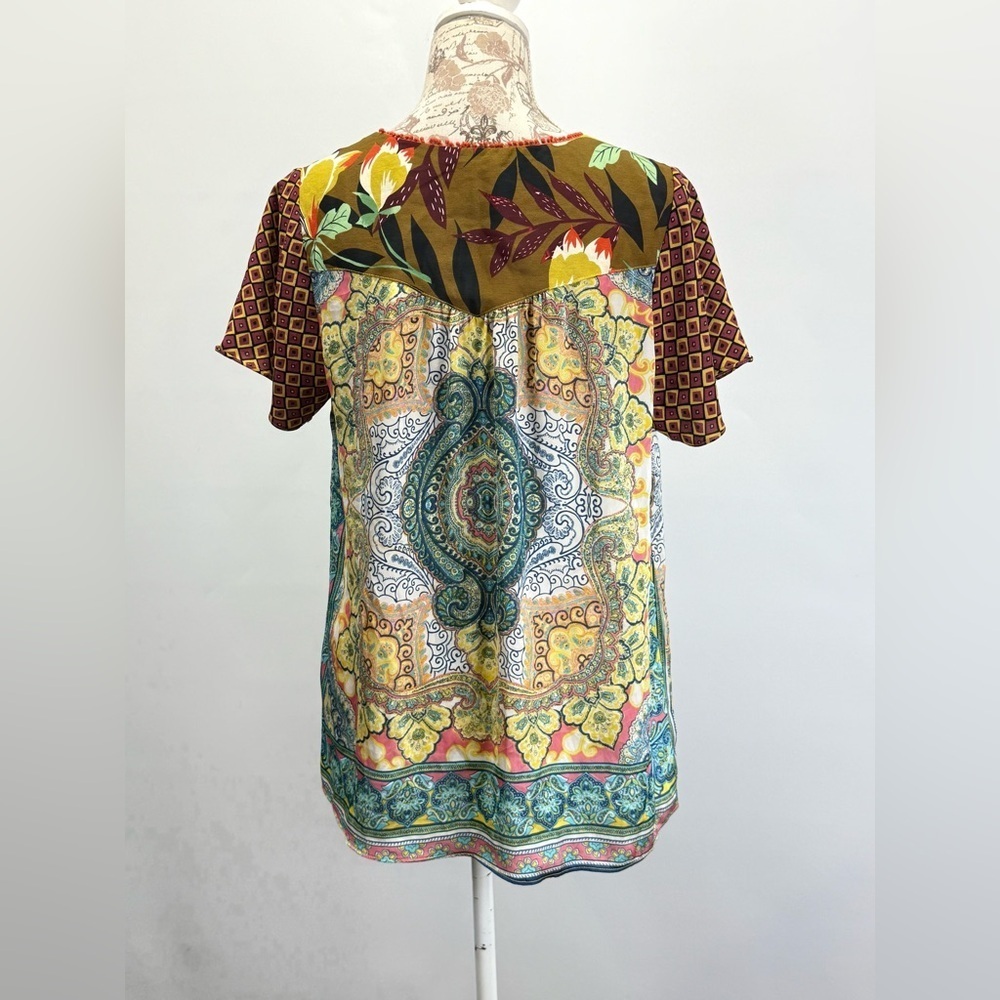 ODDY Yellow and Blue multi graphic print silky top size M - Picture 6 of 13